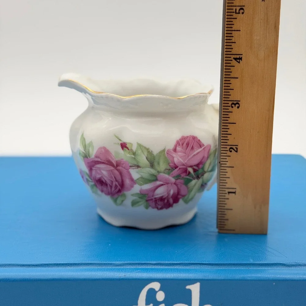 Vintage Germany Porcelain Creamer Pitcher Pink Rose Floral Gold Trim Scalloped